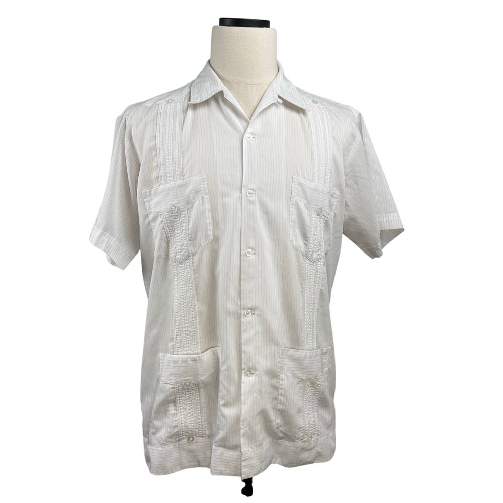 Vintage 80s White Guayabera Shirt Mens XL 4 Pocket Pintuck Mexico